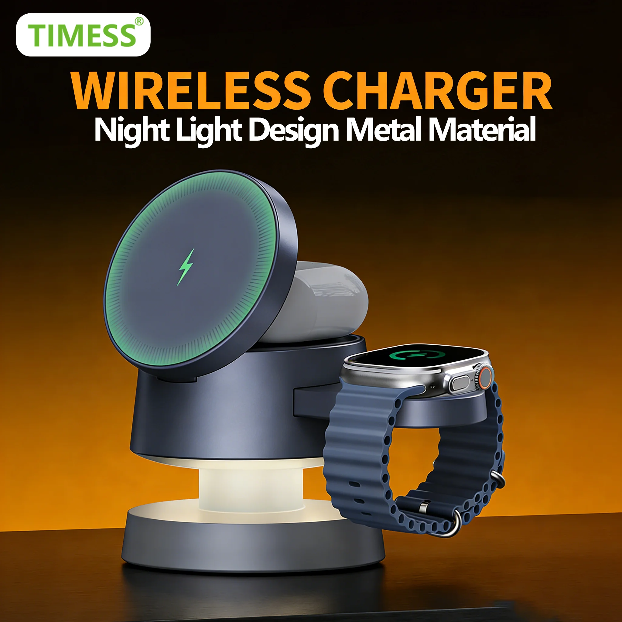 

Беспроводное зарядное устройство TIMESS Night Light Mashroom для iPhone 17, 16, 15 PRO MAX, Apple Watch Series 11, 10-1, Airpods 3, 2