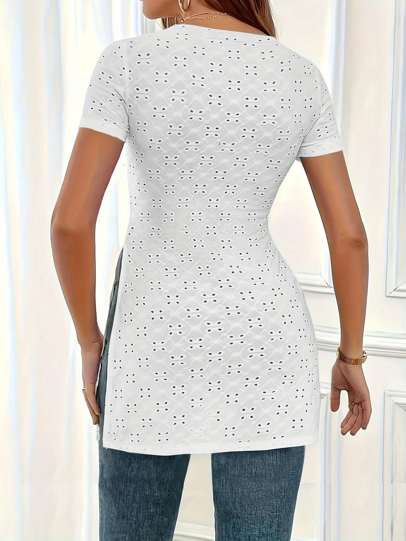 Spring Summer New T-shirt TEMU European and American Fashion Round Neck Split Waist Tie Short Sleeve T-shirt Women's Wear