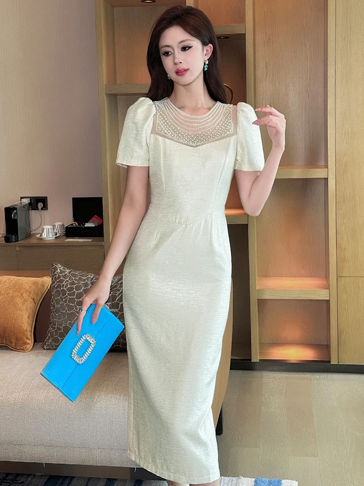 Vêtements pour femmes de luxe hôte Robe d'anniversaire Femme élégante exquise perle mince Robe mi-longue Femme robes de bal dame Banquet fête