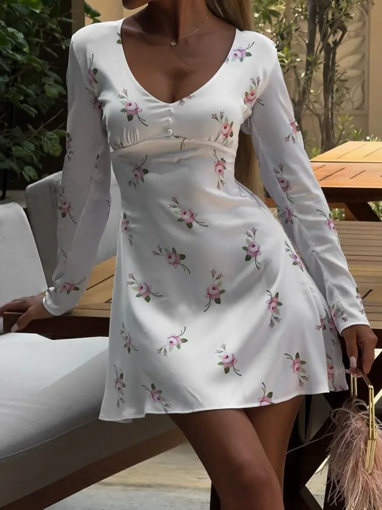 JULISSA MO Satin Sexy Deep V-neck Print Floral Women Dress White Long Sleeve High Waist Dress Summer Skinny Elegant Streetwear