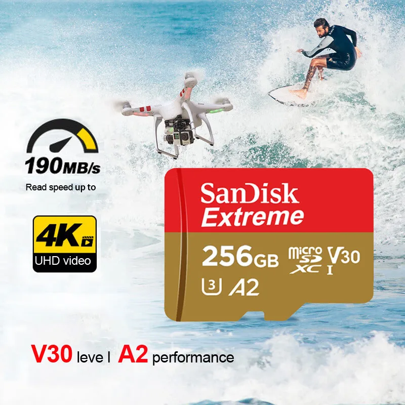 SanDisk Extreme microSDHC microSDXC UHS-I Cards 4K UHD and Full HD video UHS Speed Class 3 (U3) and Video Speed Class 30 (V30)