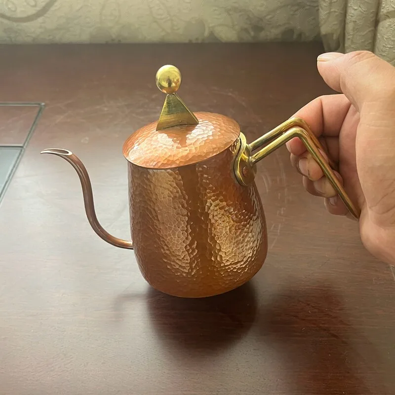 Hammered Red Copper Gooseneck Coffee Kettle Hand Forged Pour‑Over Coffee Pot With Lid For Home Outdoor Camping Coffee Brewing