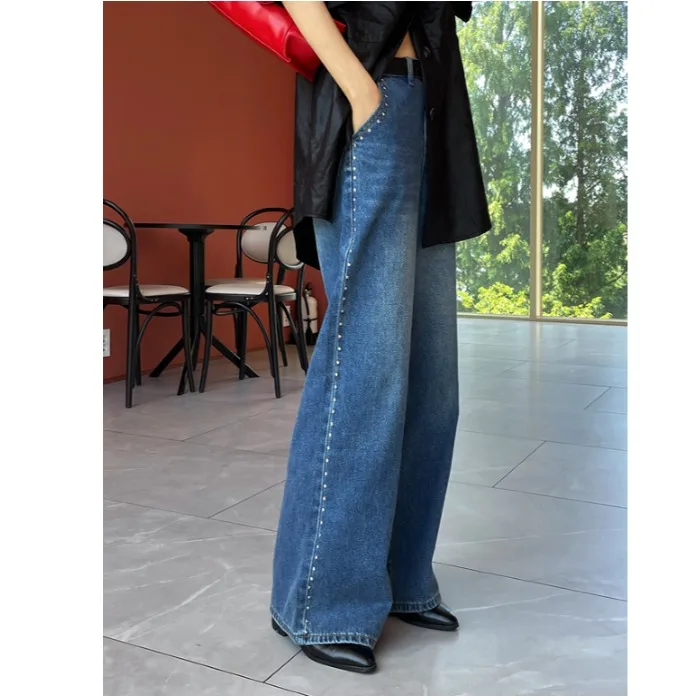 Sweet And Cool Style Loose Leg Jeans Women's High Waist Cotton Denim Blue Side Buttoned Casual Four Seasons Universal