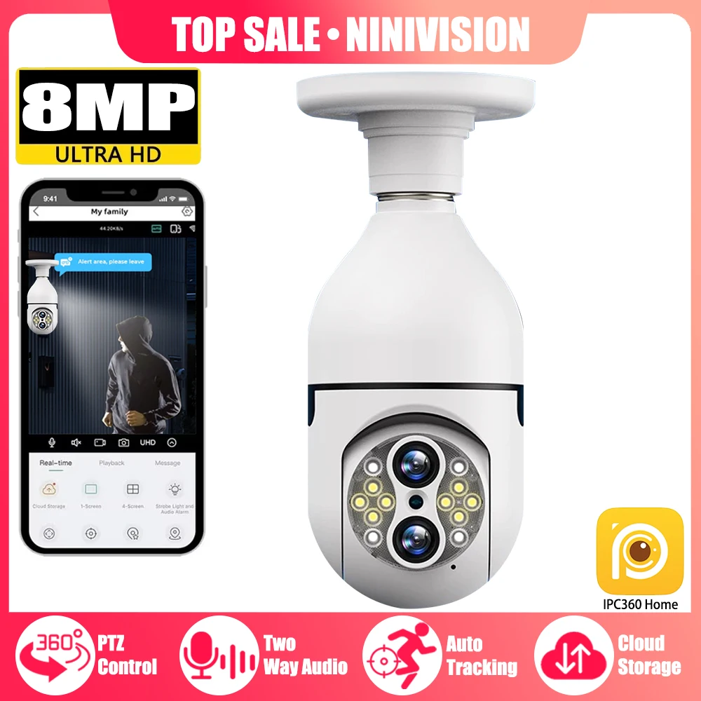 4K 10X PTZ Zoom E27 Surveillance Camera LED Light Bulb Wireless Indoor Socket 360 Security Cctv Wifi Camera With SD Card Slot