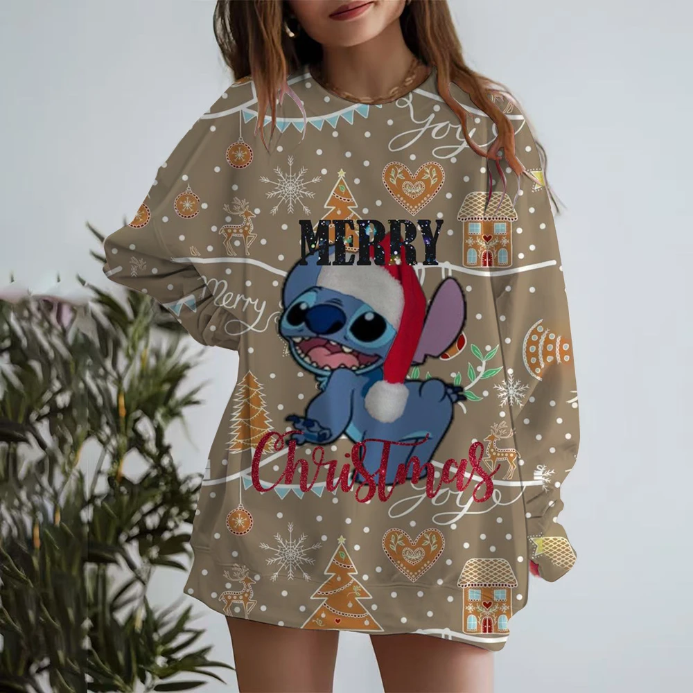 

2025 New Cartoon Disney Cute Lilo & Stitch Ladies Sweatshirt Crew Neck Loose Pullover Autumn Christmas Print Long Sleeve Top