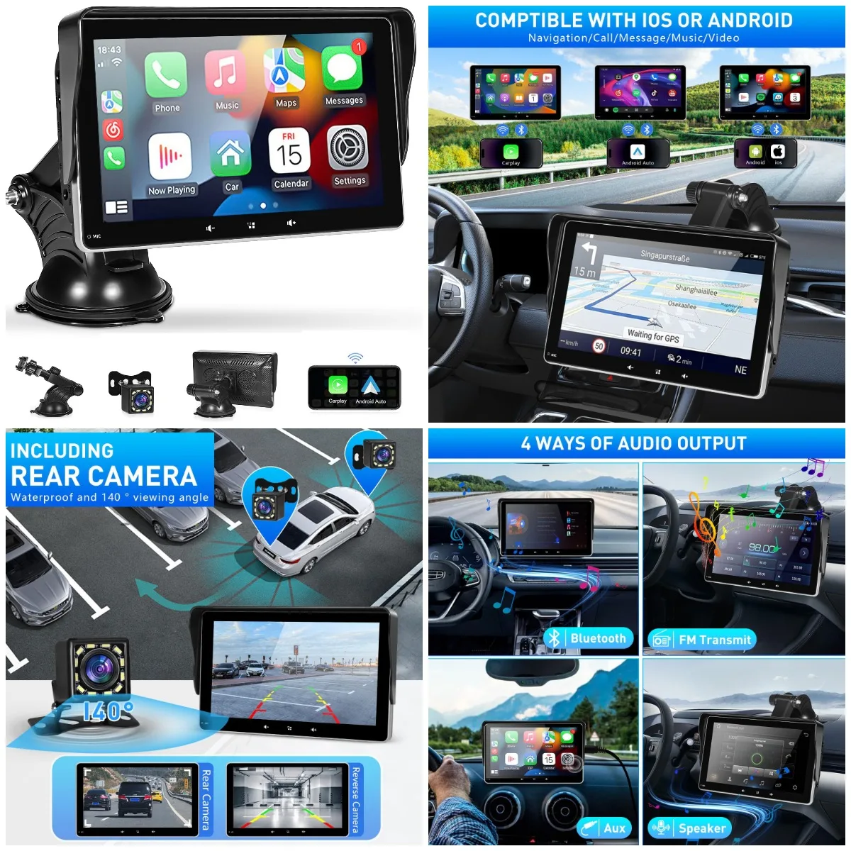7' CarPlay Screen with 1080P Backup Camera, Apple CarPlay, Android Auto, Bluetooth, Navigation, Voice Control