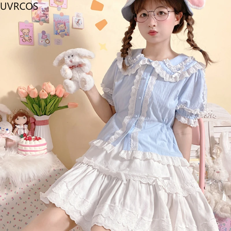 Japanese Sweet Lolita Style Shirts Women Kawaii Ruffles Bow Peter Pan Collar Short Sleeve Blouses Girls Vintage Gothic Slim Tops