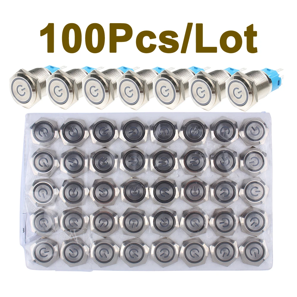 100Pcs/Lot(50pcs Red and 50pcs Blue ) 16mm Push Button Switch NO NC Self-Locking 110-220V Power Ring LED