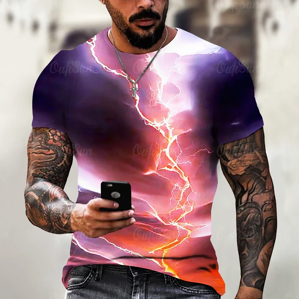 Maglietta Da Uomo 3d Lightning Print Mens Top a Maniche Corte Summer Street Fashion T-Shirt Per Uomo Casual Tees Oversize