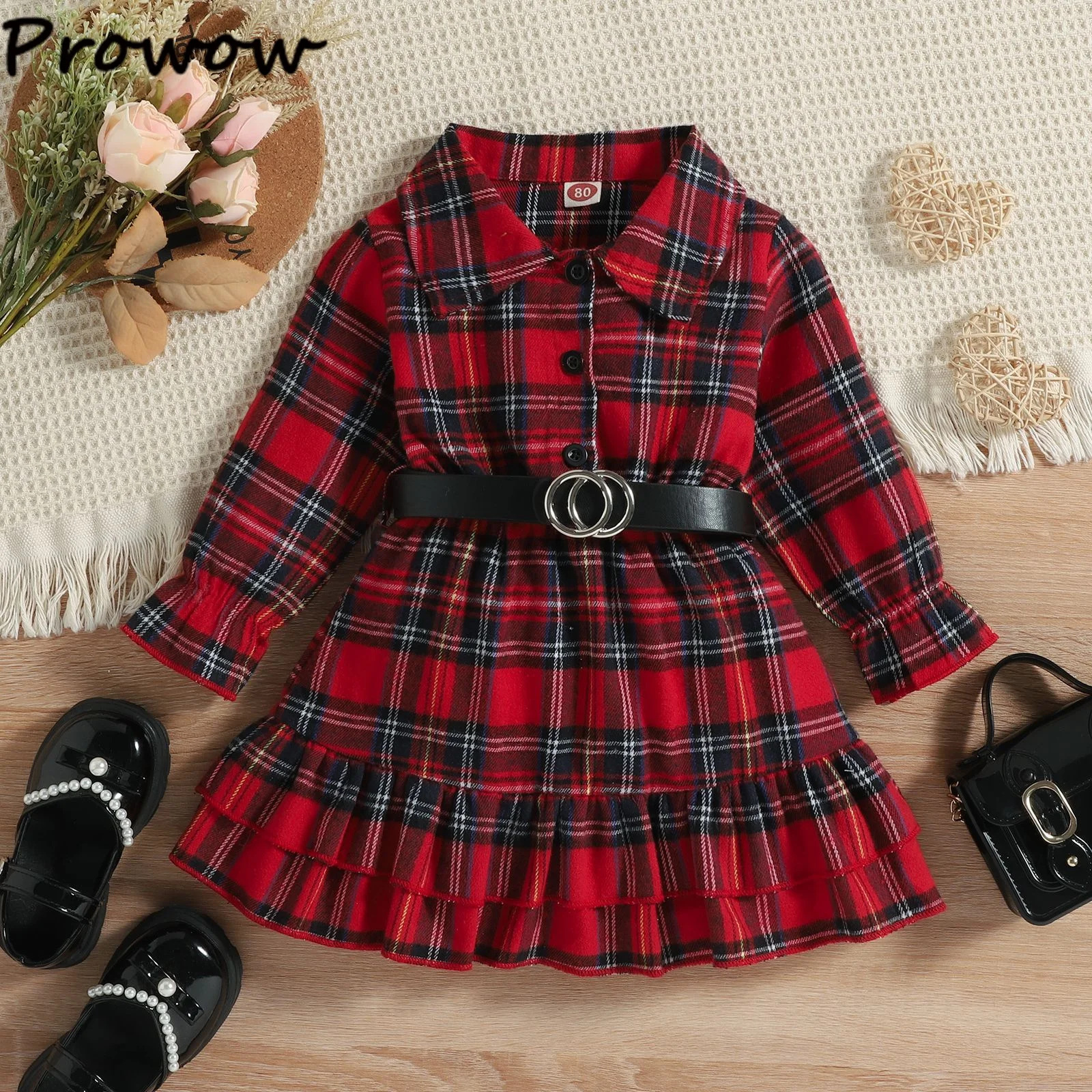 Kids Dresses For Girls Turn Down Collar Belted Red Plaid Shirts Dress Children Clothing Christmas Dresses For Girls