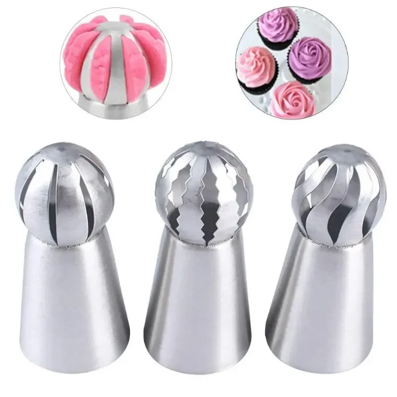 3PC Cupcake Stainless Steel Sphere Ball Shape Icing Piping Nozzles Pastry Cream Tips Flower Torch Pastry Tube Decoration Tools