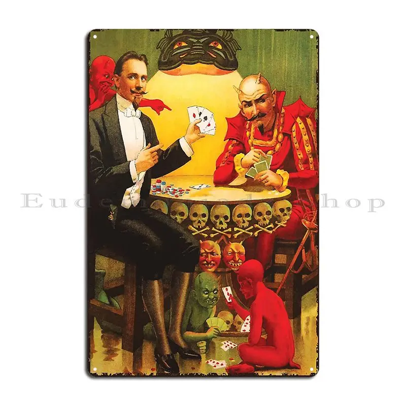 Magician Playing Cards With The Devil Vintage Poster Metal Plaque Poster Create Wall Create Funny Kitchen Tin Sign Poster