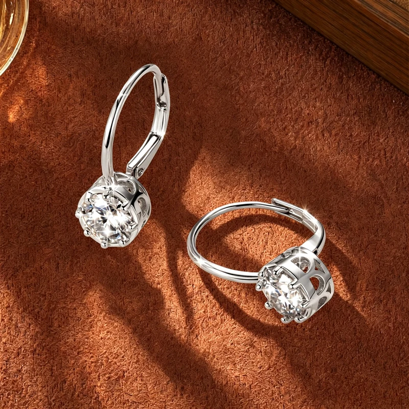 Rrjzz Solitaire 6.5mm D-Color Moissanite Engagement Hollowed Out Earrings for Women 1CT Eight-Claw Leverback Earrings Jewelry