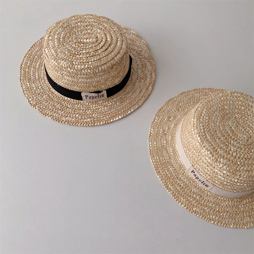 Sombrero de paja con protección solar para niño y niña, gorro de pescador con estampado de letras, sencillo, transpirable, para playa