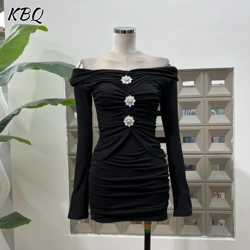 

KBQ Solid Spliced Matel Slimming Dresses For Women Slash Neck Off The Shoulder Sleeve High Waist Elegant Dress Female Fashion