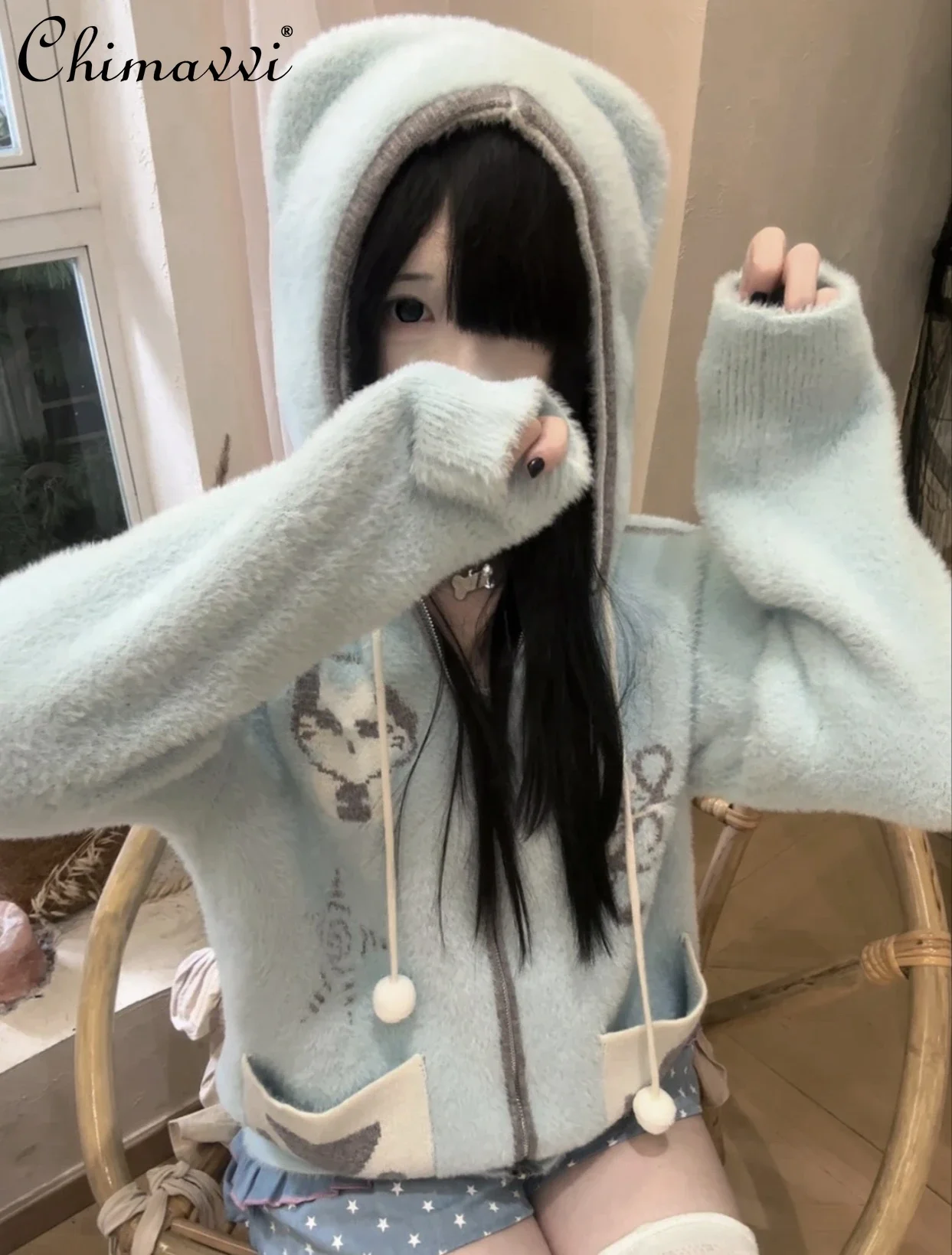 Cute Pocket Imitation Mink Cat Ear Hooded Sweater Coat Autumn and Winter Sweet Girl Womens Blue and Gray Knitted Cardigan