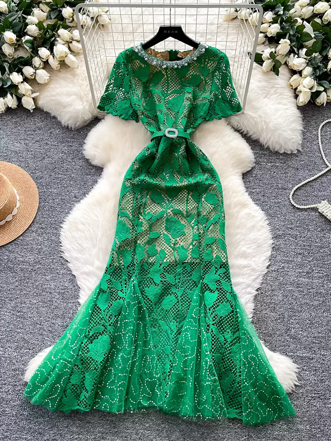 

Summer Formal Evening Mermaid Dress Women Short Sleeve Embroidery Lace Midi Hollow out Sheath Dress Designer Prom Vestidos