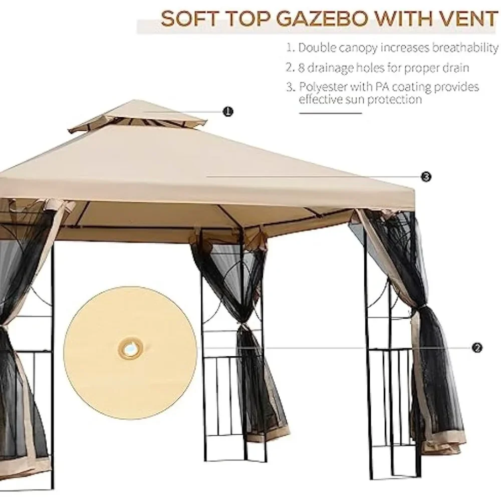 Gazebo de patio de 10' x 10' con estantes de esquina, refugio de dosel para cenador al aire libre con red y techo ventilado, para jardín, césped