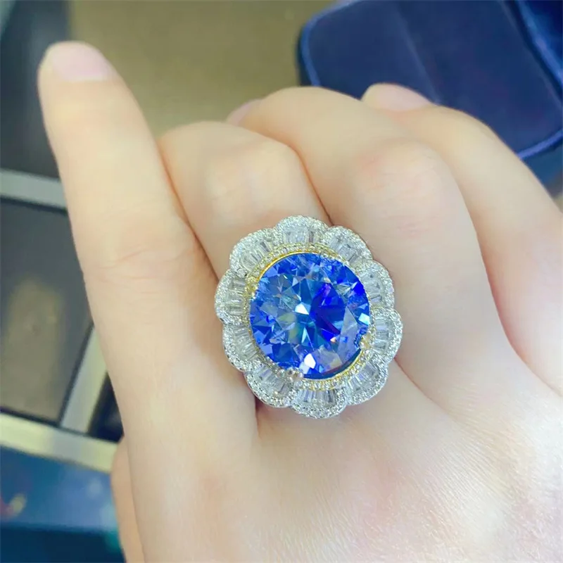 Luxury Platinum Solid Platinum PT950 Women's Ring Diamond Blue 10 Carat Round Cutting Micro Set Proposal Wedding High End Jewelr
