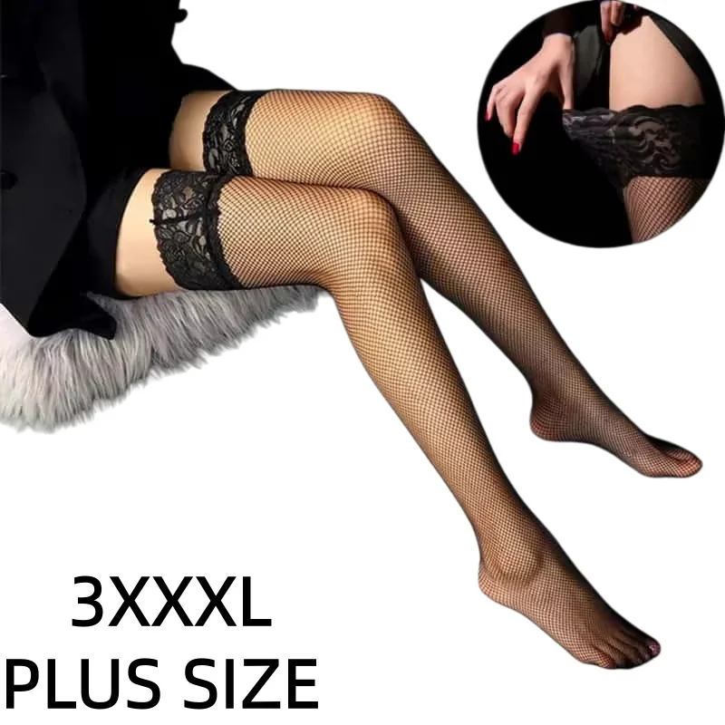 Übergröße 3XXXL Netzstrümpfe mit Spitze, Rutschfeste Strümpfe für Übergrößen-Damen, Mädchen, Lolita Gothic Overknee Strümpfe