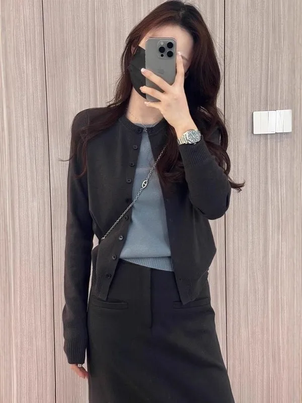 

ay round Ne Long Sve Knitted Open Cardigan Women's Spring plus Size Slim Fit Sweater Outerwear Base Top