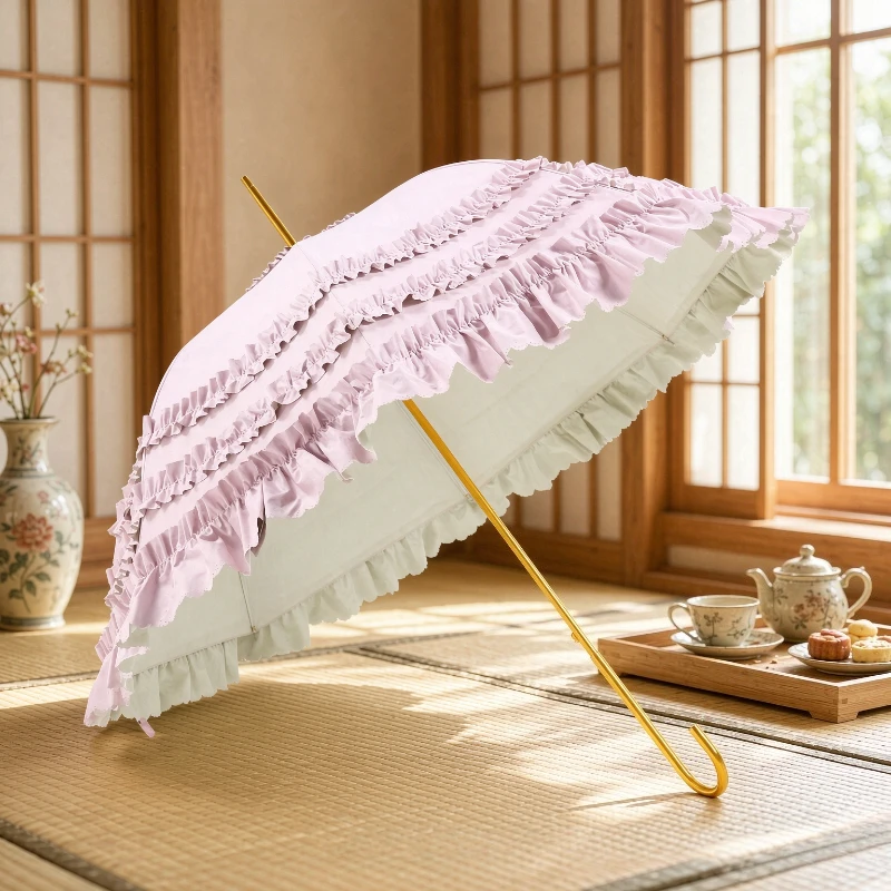 Lace Princess Umbrella 8 Ribs UPF50+ Sun Rain Parasol Straight Handle Vintage Japanese Style for Women Travel Daily Use 양산
