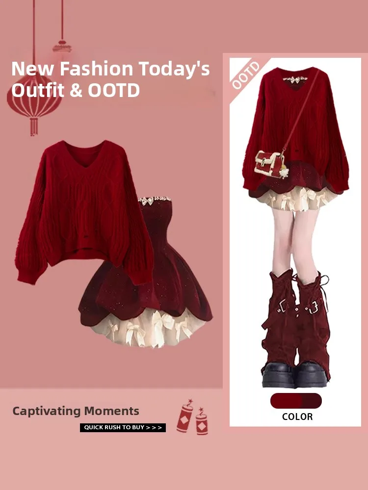 Conjunto Feminino de Moda Vermelho Tricotado com Design de Cintura Ajustável e Padrão de Furos para Cisas e Celebrações de Ano Novo