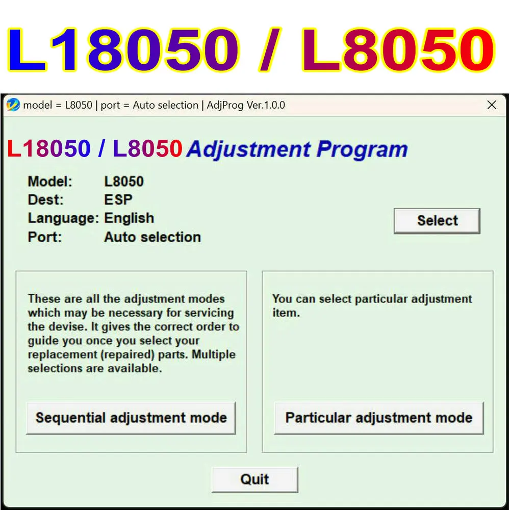 Imagem -02 - Ajuste Código do Software para Epson Ecotank Programa Adjprog da Impressora L8050 L18050 L18058 L8058 Técnico V1.0.0