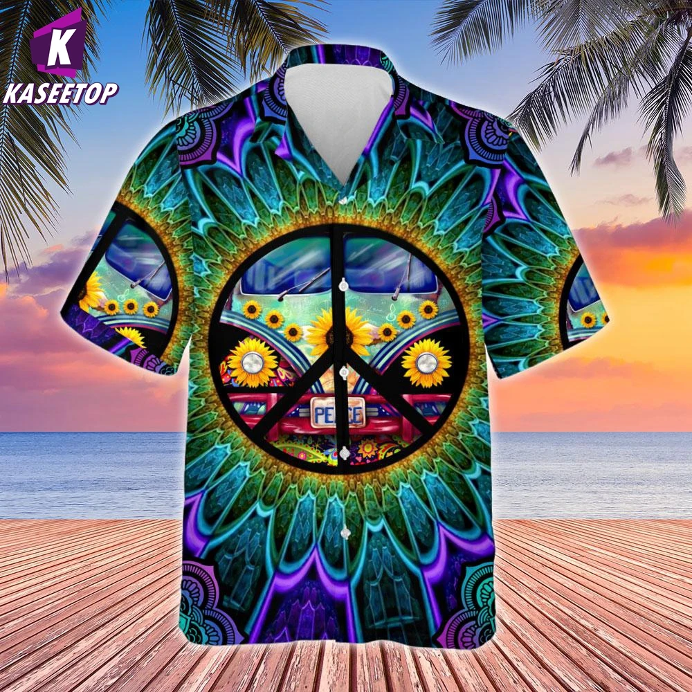 Men's Hippie Peace Sign Hawaiian Shirts 3D Print Short Sleeves Tops Casual Fashion Men's Clothing Summer Loose Button T Shirt