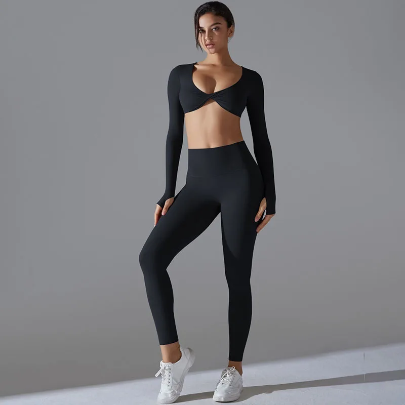 New Sports Gathering Long Sleeved Solid Color Slim Fit Elastic Fitness Suit, Running Training Sports Set