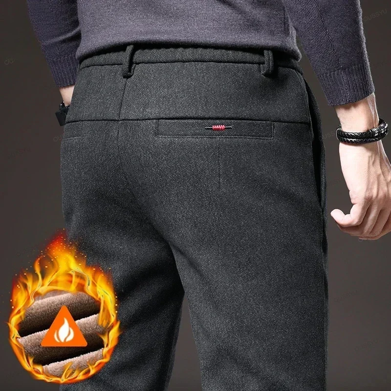 Thick Fleece Lining Pants Men Winter Warm Business Flocking Elastic Waist Work Casual Trouser Male Formal Office Slim Pants
