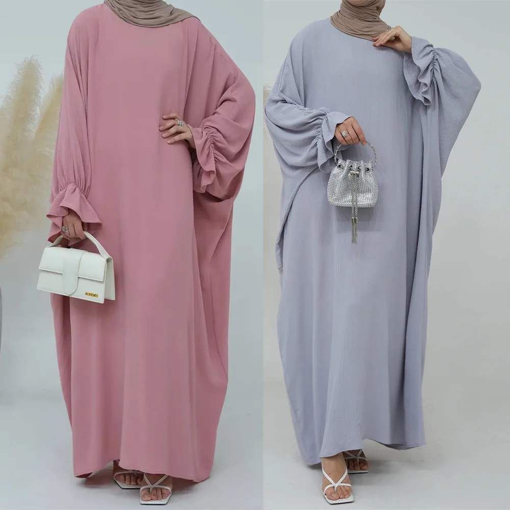 Modest Butterfly Jazz Crepe Abaya EID Ramadan Dubai Islamic Clothing Traditional Muslim Prayer Dresses Abaya with Ruffle Sleeve