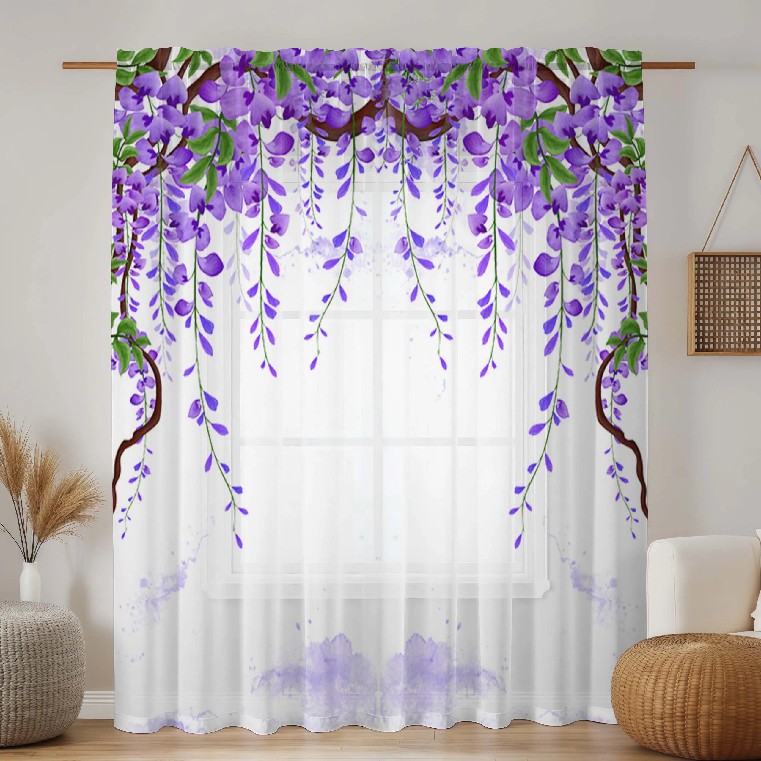 2 Pcs Elegant Purple Wisteria Sheer Curtain – Polyester Rod Pocket for Living Room Bedroom Balcony Study Decor
