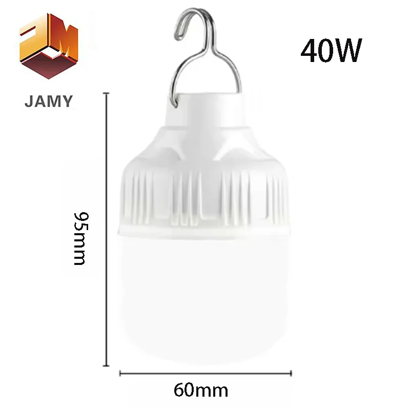 Bombillas LED recargables por USB para exteriores, luz de emergencia de 40W, gancho para acampar, pescar, linterna portátil, luces nocturnas, LT086, 1 unidad