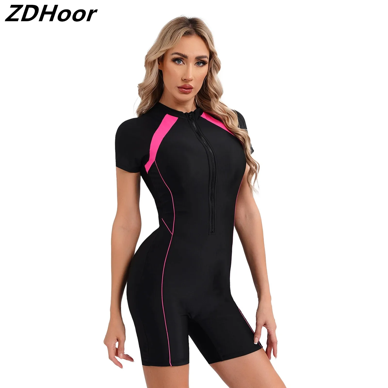 

Women One-piece Athletic Swimsuit Short Sleeve Padded Boyleg Zipper Water Sport Swimwear UPF 50 Rash Guard Beach Surfing