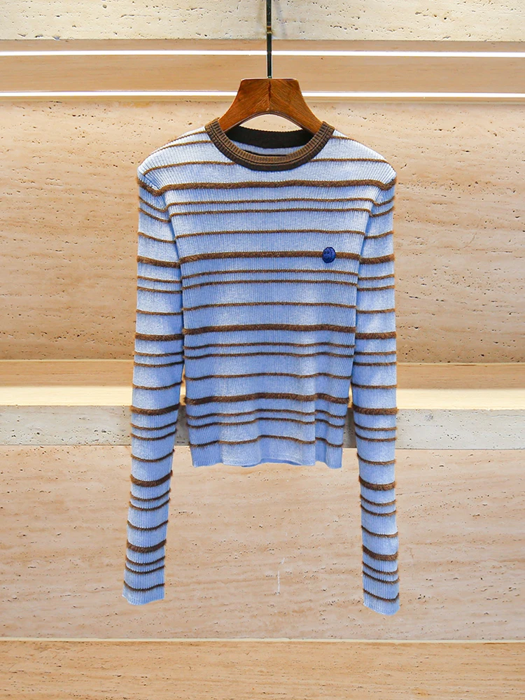 

Sweet Striped Slim Fit Knitwear Top Color Blo Polyester Fiber Long Sve round Ne ort Sle Commute Faion Autumn Wear