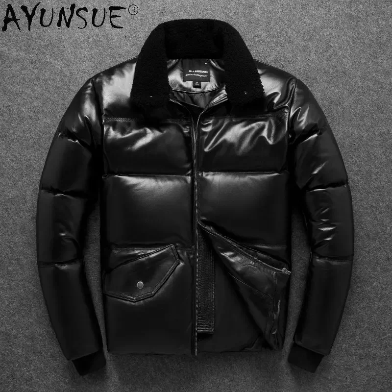 AYUNSUE Winter Jackets Men Genuine Leather Down Jacket Men's Padded Real Sheepskin Coats Multi-pocket Thick Warm Leather Coat
