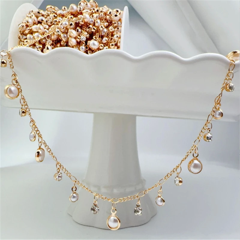 10 Meters/Lot New Fashion Crystal Pearl Beads Link Chains for DIY Necklace Garment Tassel Chain Jewelry Findings Accessories