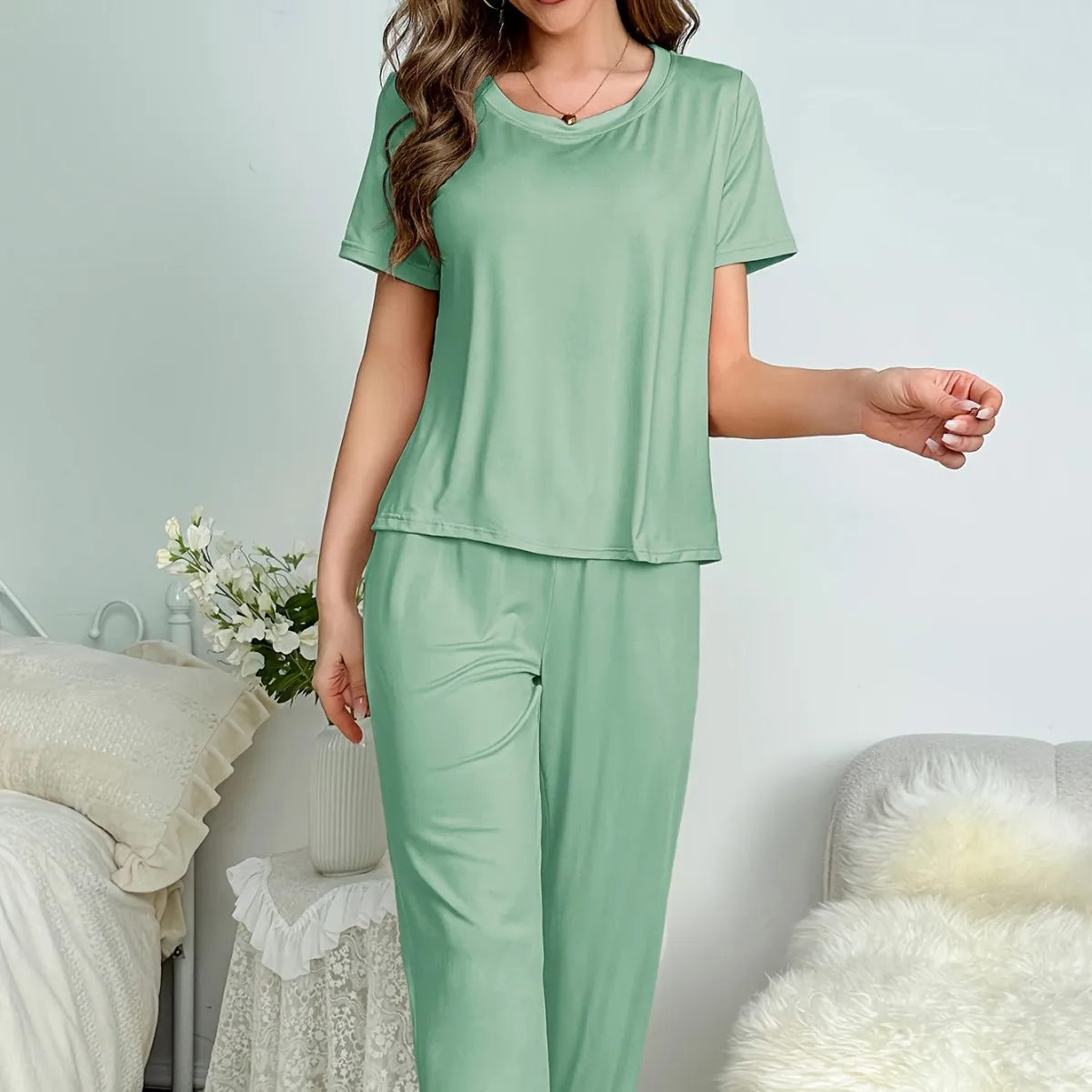 

2025 Summer Women's Home Wear Pajama Set Casual Simple Solid Color Round Neck Short Sleeve Two-Piece Set