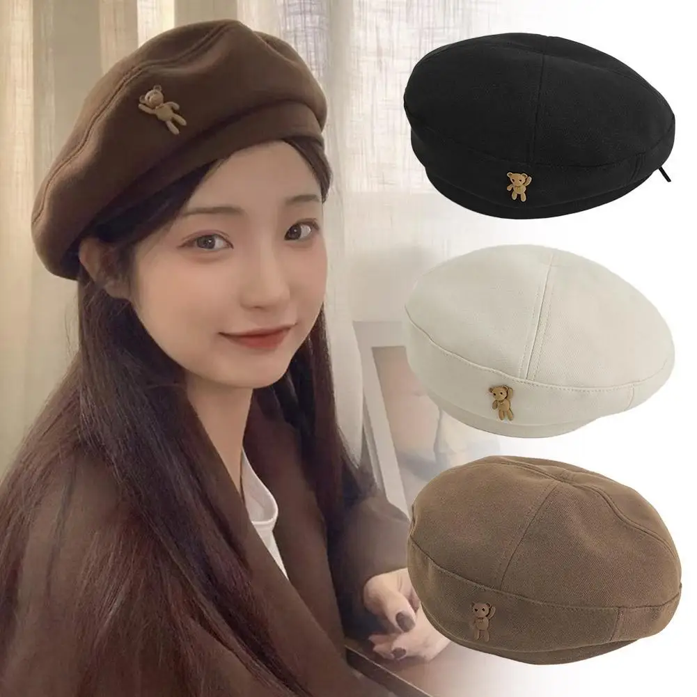 

Retro Cartoon Artist Beret Hat Solid Color Beret Cap Painter Hat With Little Bear Embellishments for Women Girls