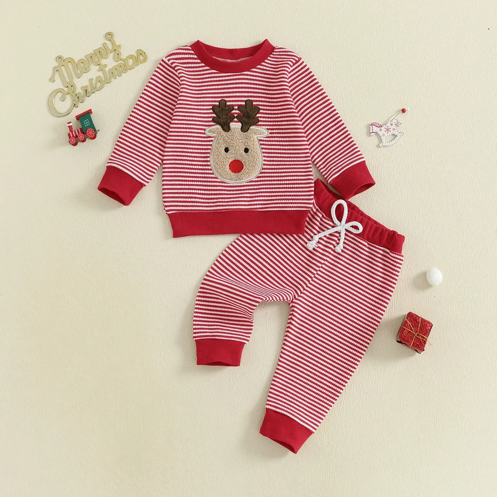 

2025 Christmas Baby Boy Clothes Cotton 2Pcs Sets 0-3Y Newborn Baby Girls Reindeer Embroidery Striped Sweatshirt and Pants Outfit