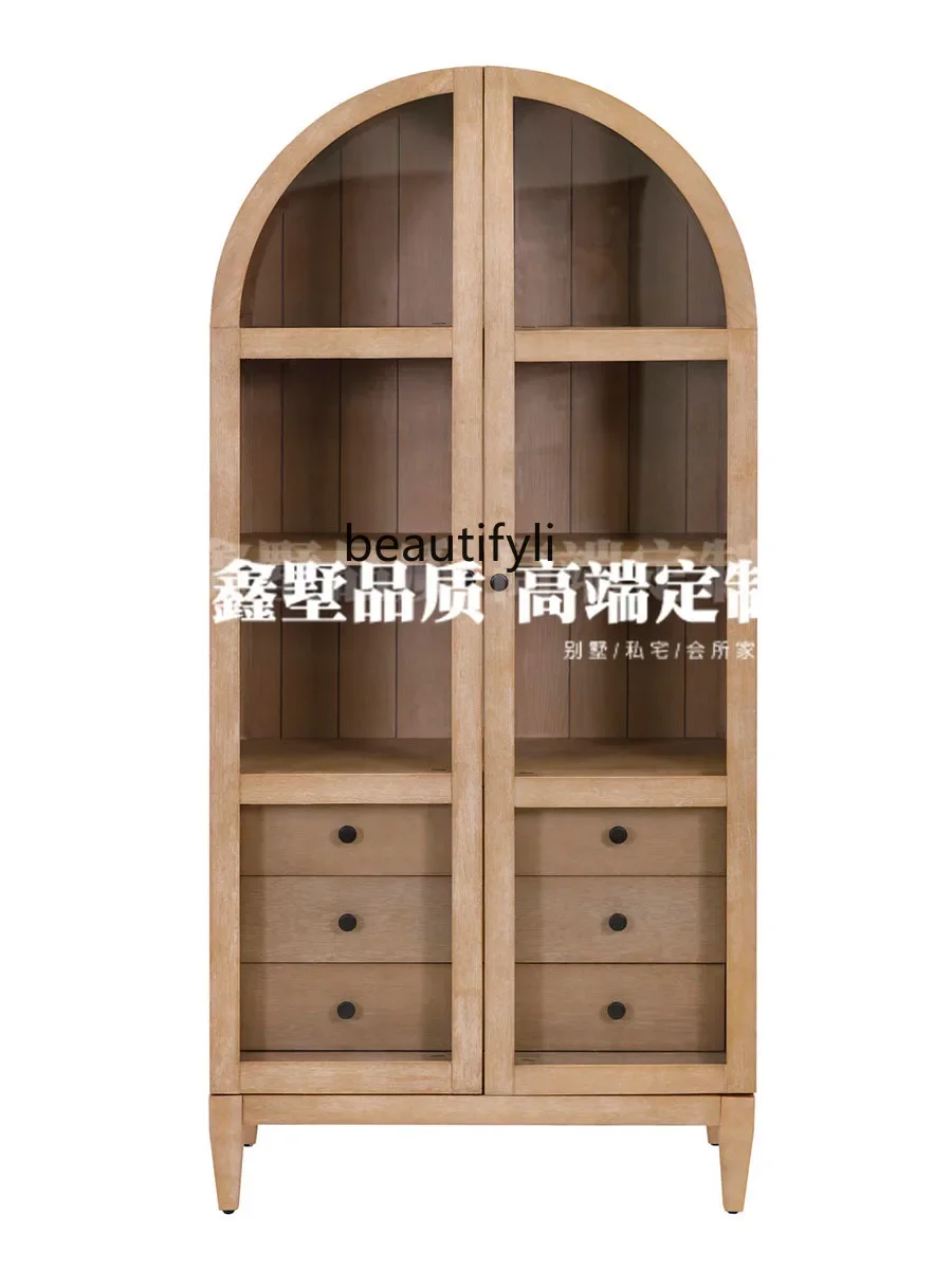 

American Country Solid Wood Bookcase Villa Living Room Glass Door Display Cabinet French RETRO Study Independent Storage