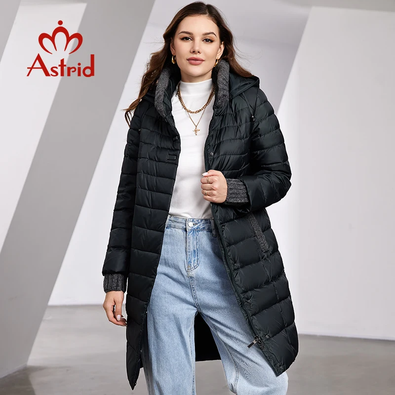 Astrid Women\'s Winter Jacket Hooded Fashion Knitted Wool Spliced Design Belt Long Parkas Warm Thick Padding Puffer Quilted Coat