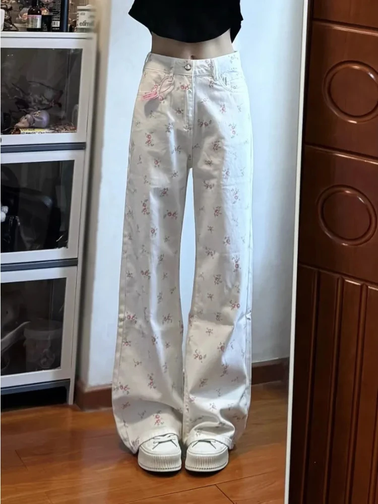 Jeans Women Sweet Vintage College Spring Full Length All-match Denim Print Trouser Autumn Fashion Straight High Waist Streetwear