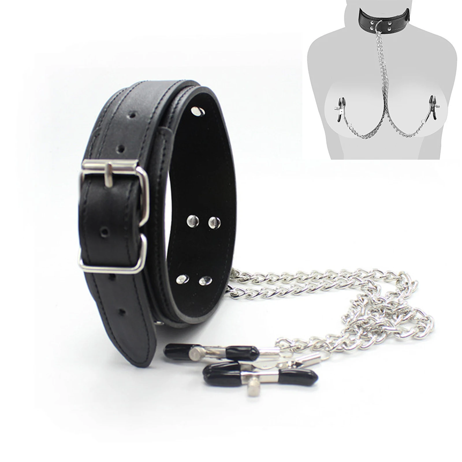 Collare girocollo in pelle con morsetto per capezzoli Catena con clip per seno SM Bondage Coppia SM Giocattoli sessuali per donna Strumenti erotici Giochi per adulti