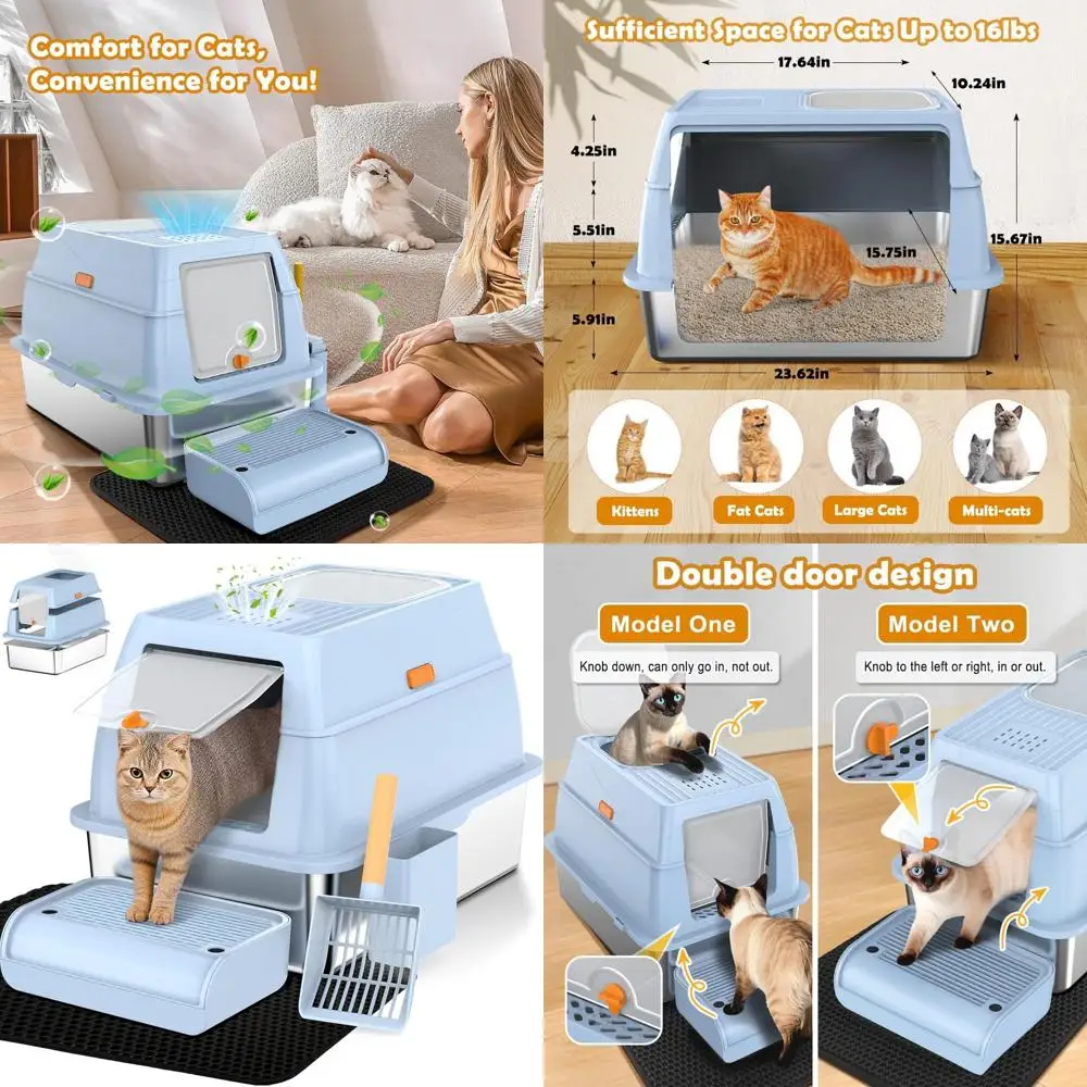 

Очень большой закрытый лоток для кошек с крышкой, XL, с передним входом для крупных кошек, металлический лоток с совком, ковриком, ступенькой, угольным фильтром (синий)