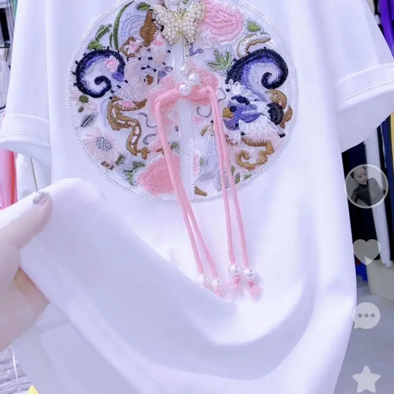 2026 Summer New Women's Chinese Style Embroidery Loose Short-sleeved Round Neck Butterfly T-shirt Retro Buckle Top