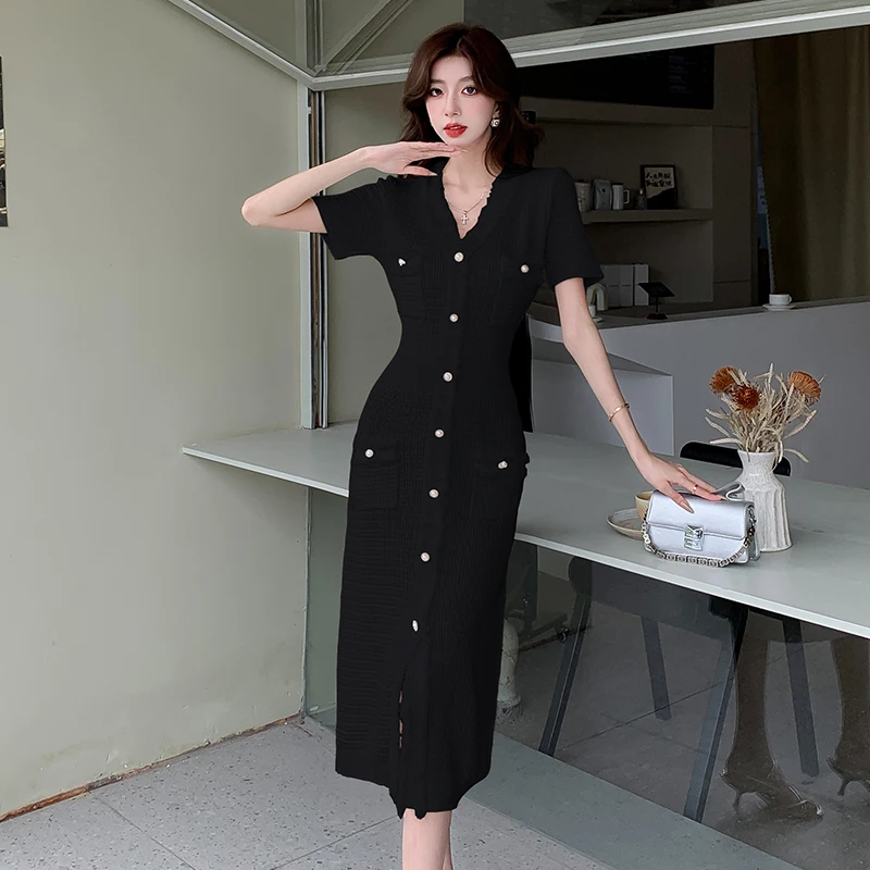 Elegant Slim Knit Bodycon Dress Women 2024 Summer Short Sleeve V-neck Single-breasted Long Dresses Solid Stylish Vintage Vestido