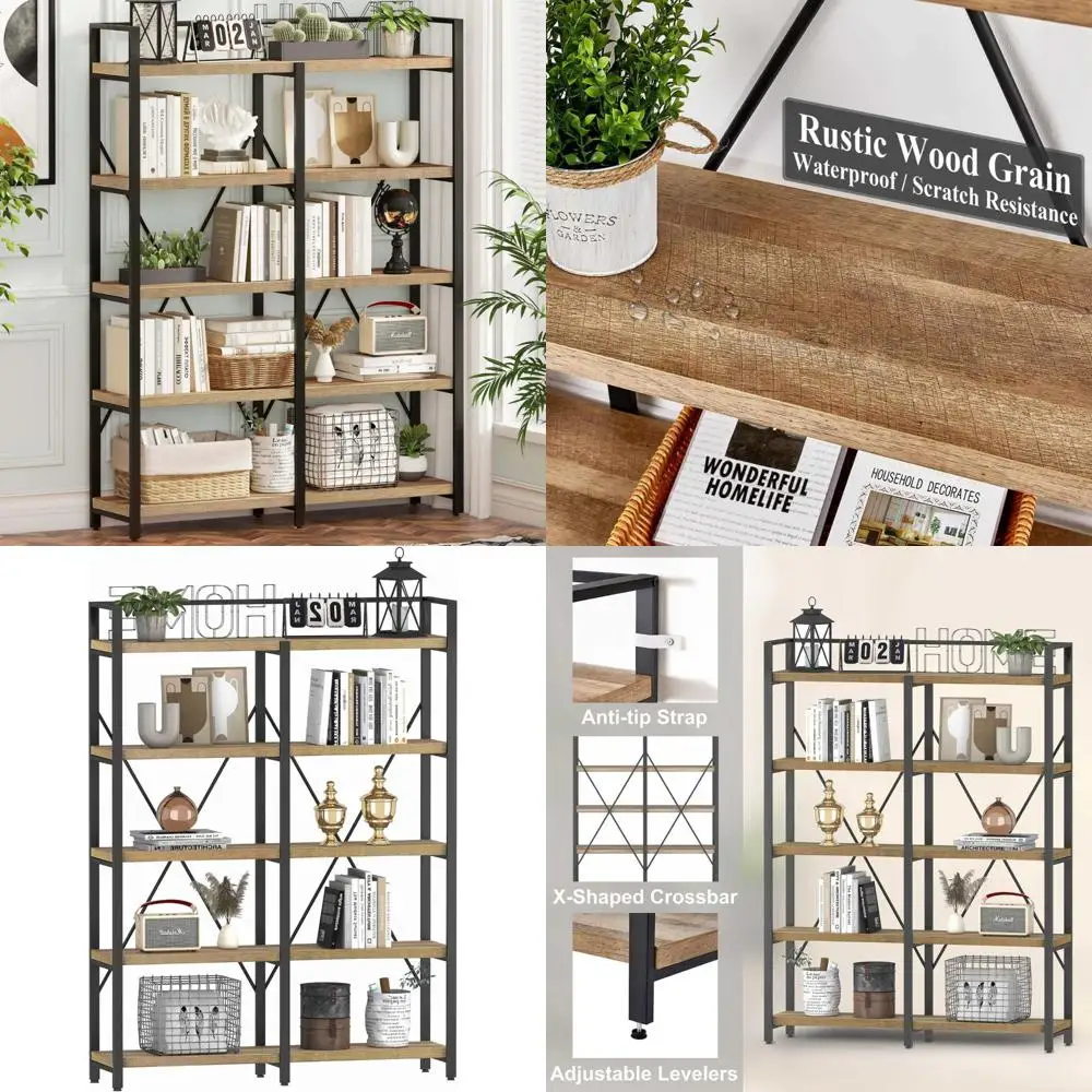 

Industrial Style Tall 5-Tier Bookshelf with Rustic Wood and Metal, Large Open Shelving Unit for Storage and Display