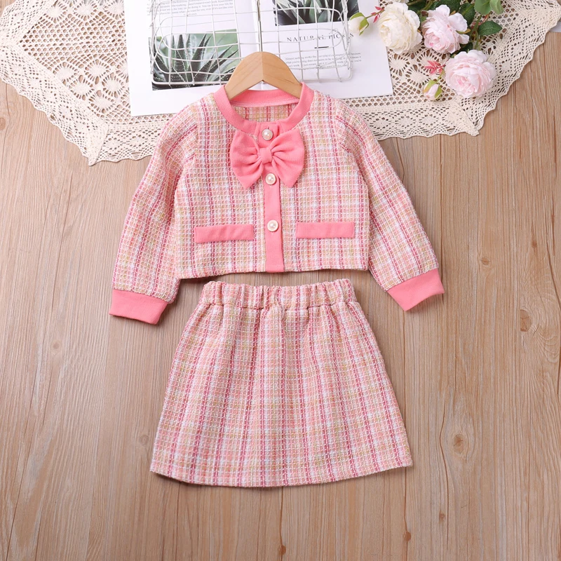 Girl\'s Suit Spring and Autumn Temperament Bow Tie Plaid Single breasted Sweet Princess Set Skirt Vestidos Casual Outfit 2-6Y